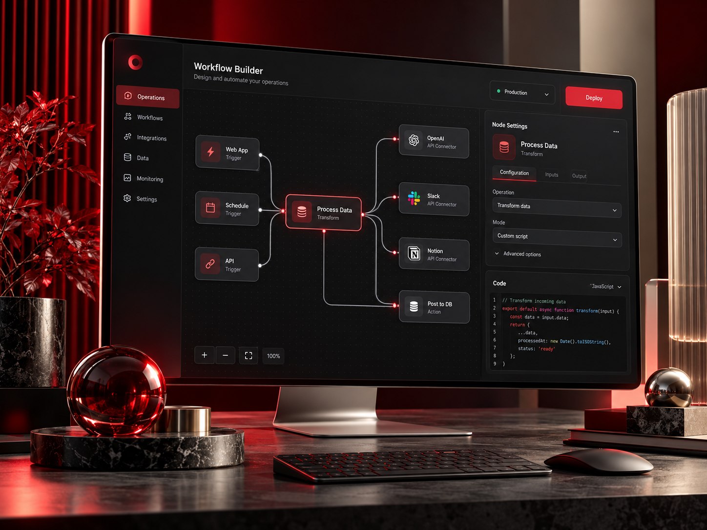 Custom web application dashboard and API workflow