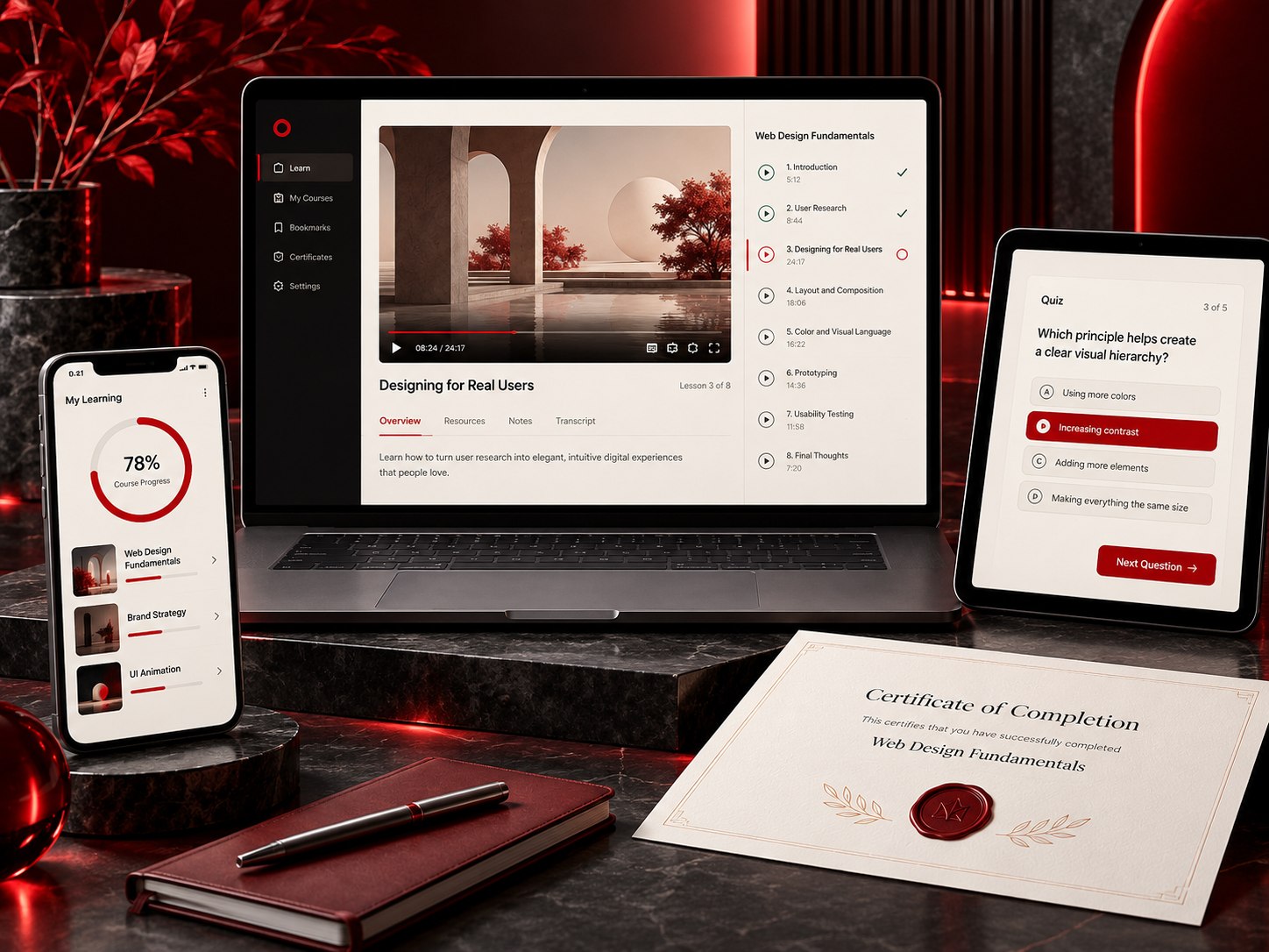 Online learning platform with lessons, quizzes and progress