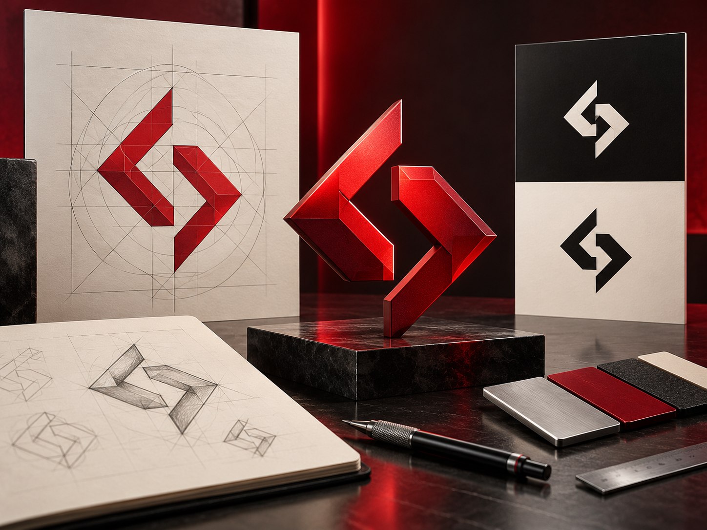 Original logo concept, construction grid and mark variations