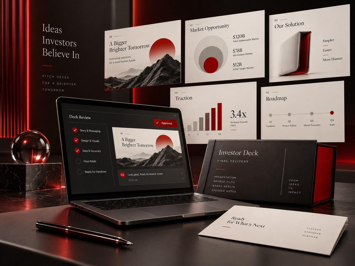 Quality review and delivery concept for pitch deck services