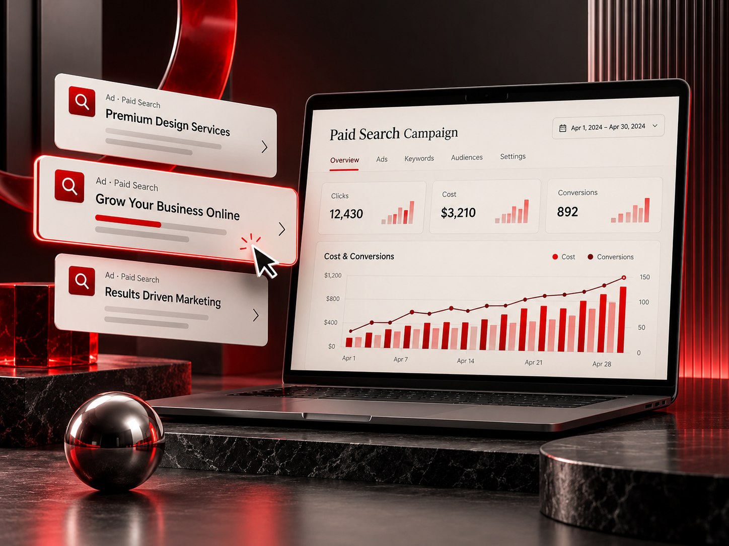 Pay-per-click advertising and campaign performance concept