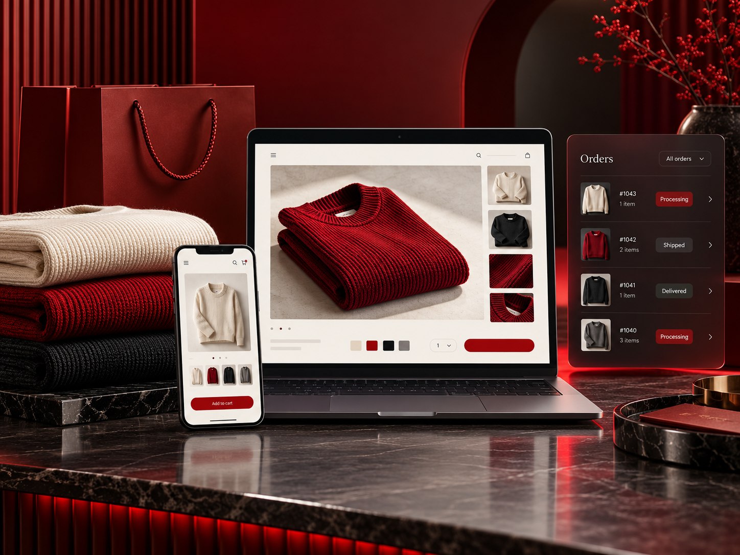 Fashion storefront with product variants and order management
