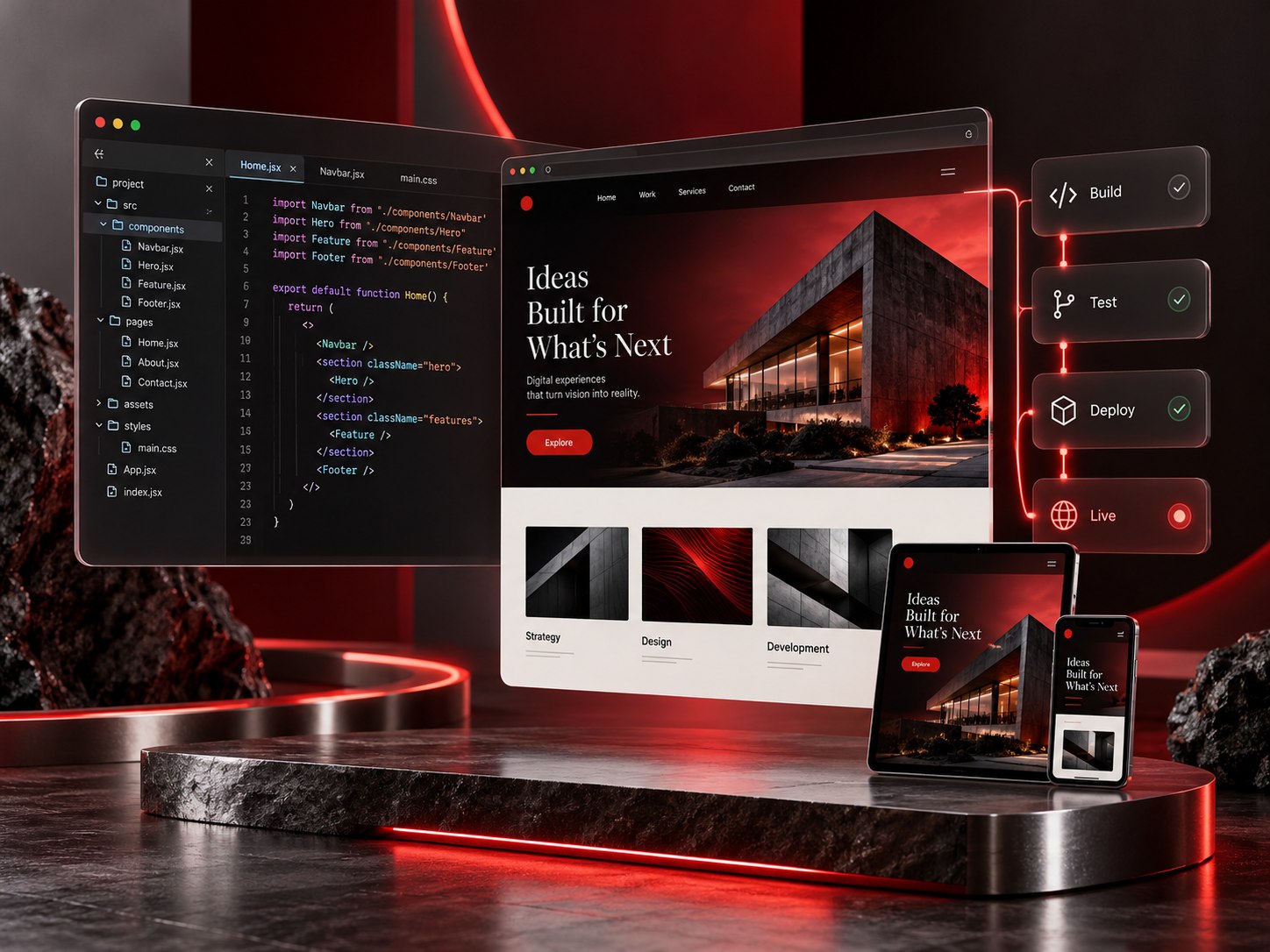 Website code, responsive preview and deployment workflow